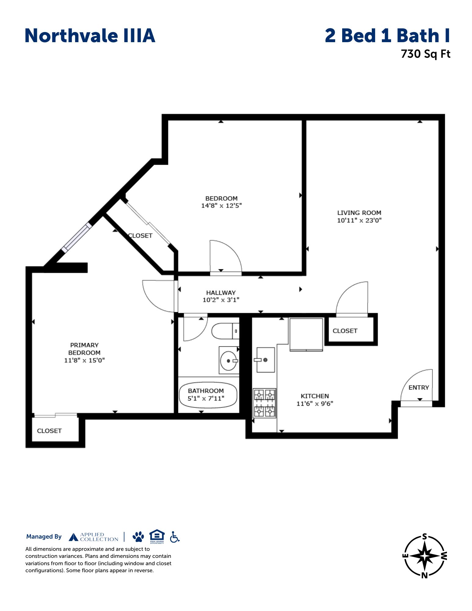 Floor plan for 2 beds, 1 bath, 743 sqft